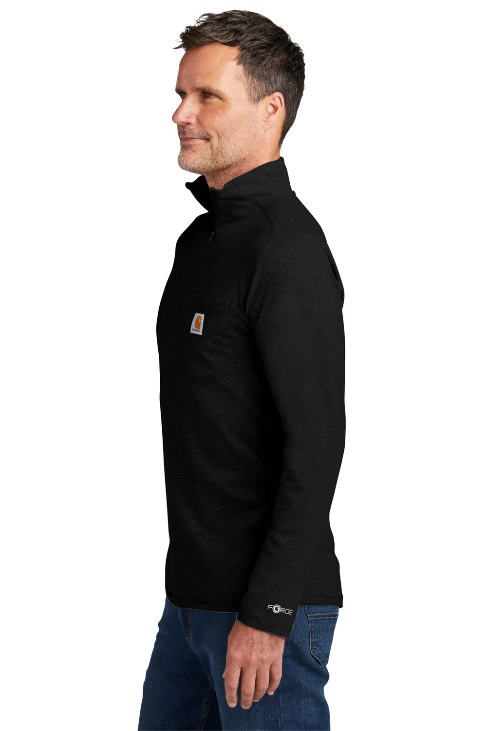 Carhartt Mens Force Moisture Wicking 1/4 Zip Long Sleeve T-Shirt w/ Pocket - Black