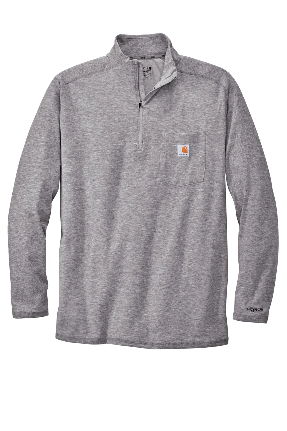 Carhartt Mens Force Moisture Wicking 1/4 Zip Long Sleeve T-Shirt w/ Pocket - Heather Grey