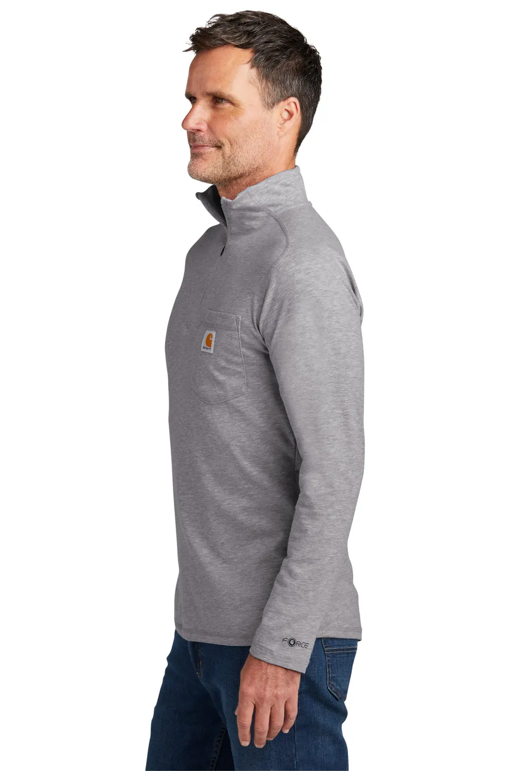 Carhartt Mens Force Moisture Wicking 1/4 Zip Long Sleeve T-Shirt w/ Pocket - Heather Grey