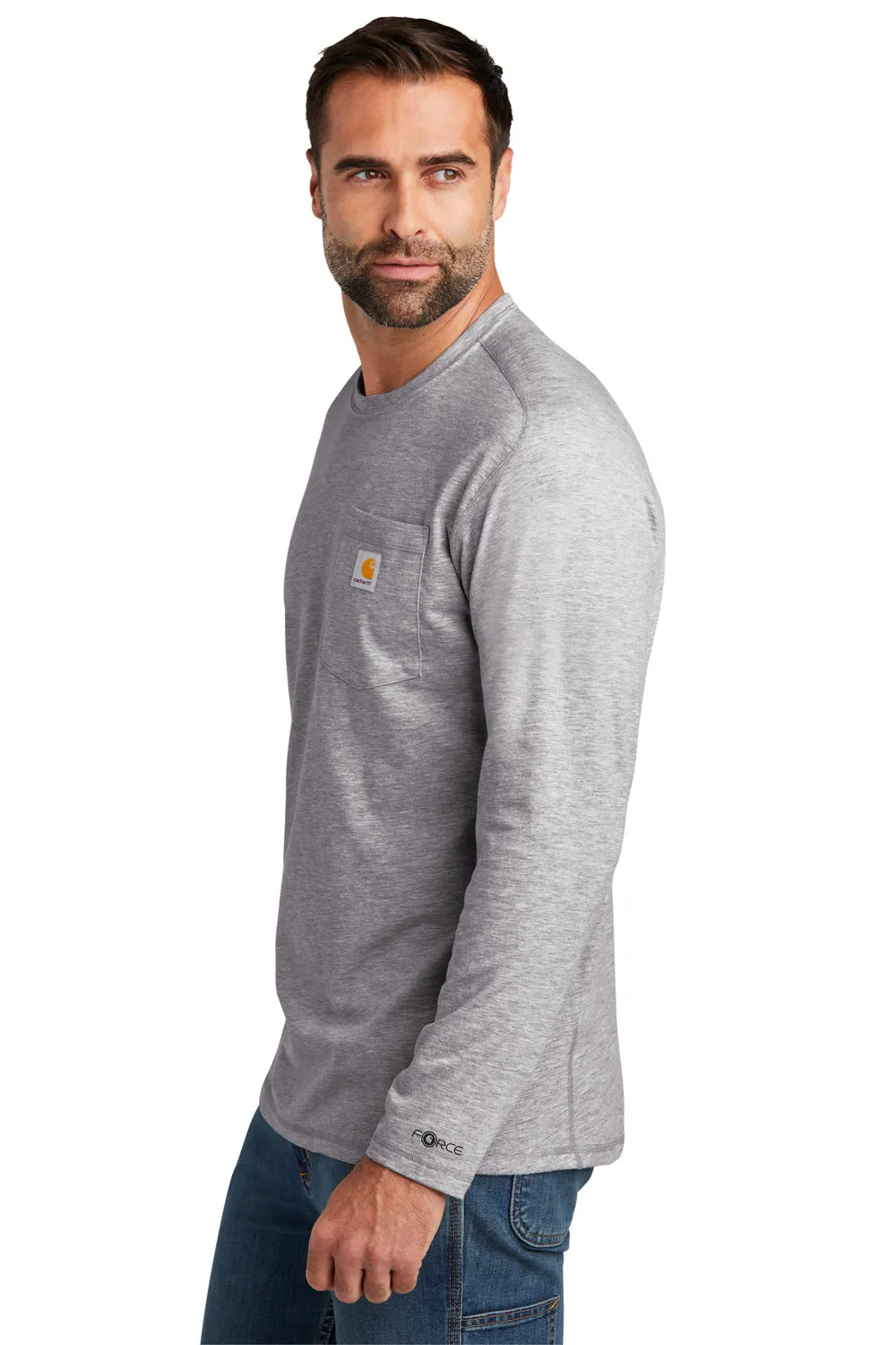 Carhartt Mens Force Moisture Wicking Long Sleeve Crewneck T-Shirt w/ Pocket - Heather Grey
