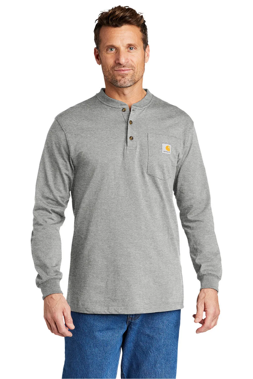 Carhartt Mens Long Sleeve Henley T-Shirt w/ Pocket - Heather Grey