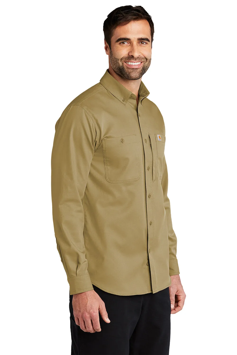 Carhartt Mens Rugged Professional Series Wrinkle Resistant Long Sleeve Button Down Shirt w/ Pocket - Dark Khaki Brown