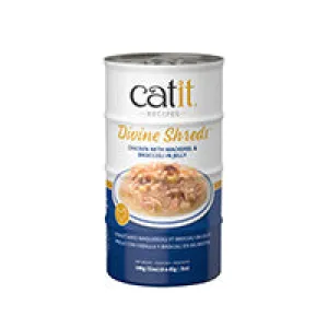 Catit Divine Shreds - Chicken with Mackerel & Broccoli in Jelly - 4 x 85 g Cans adult cat food, best cat food for adults