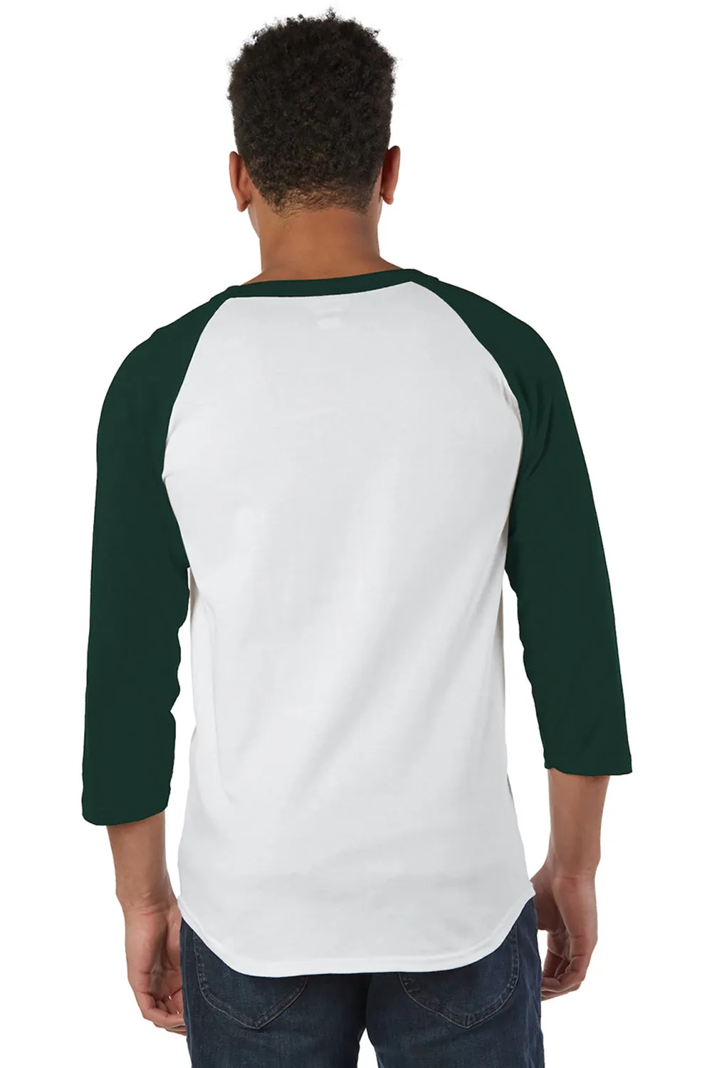 Champion Mens 3/4 Sleeve Crewneck T-Shirt - White/Dark Green