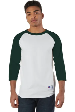 Champion Mens 3/4 Sleeve Crewneck T-Shirt - White/Dark Green