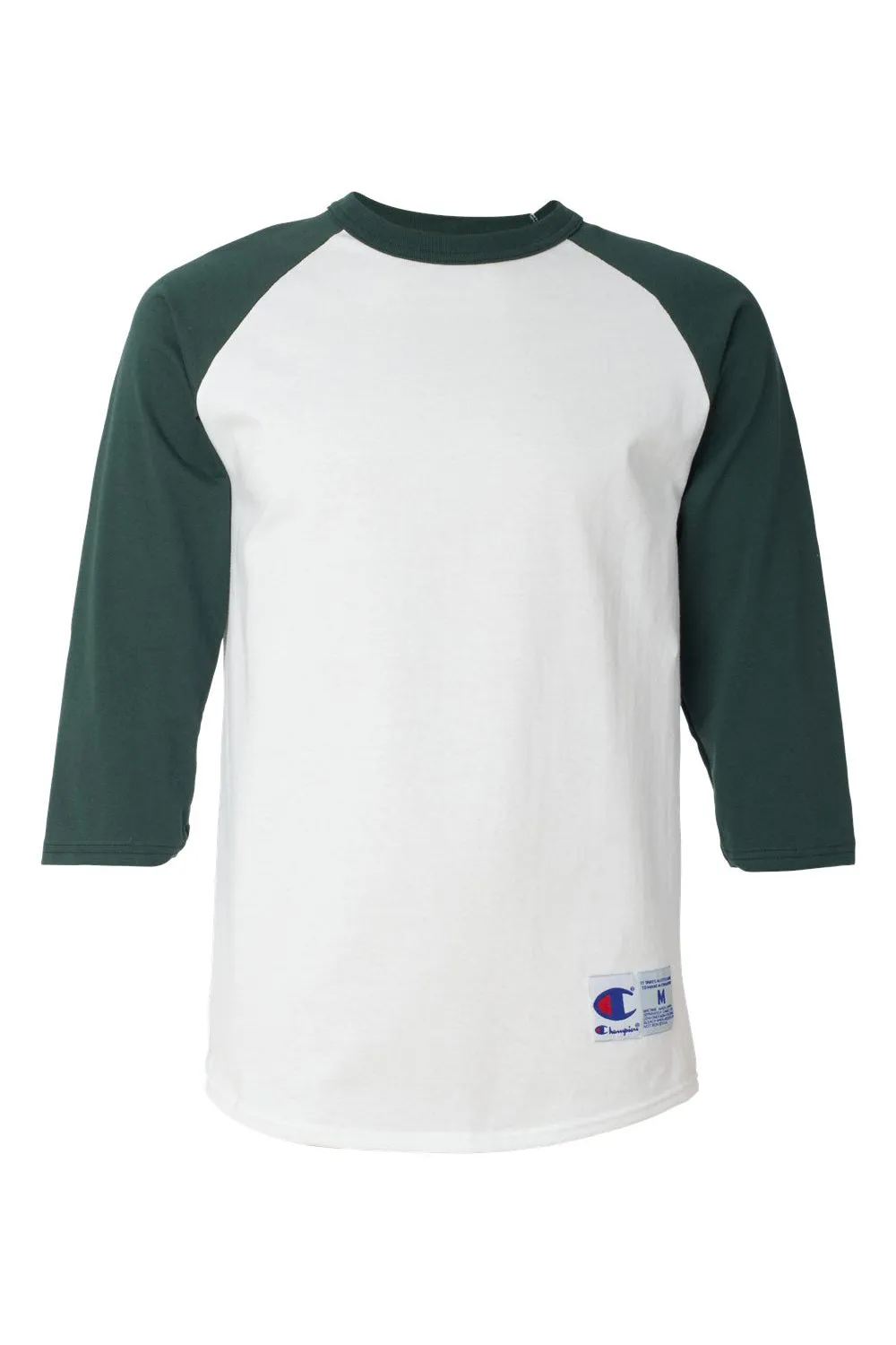 Champion Mens 3/4 Sleeve Crewneck T-Shirt - White/Dark Green