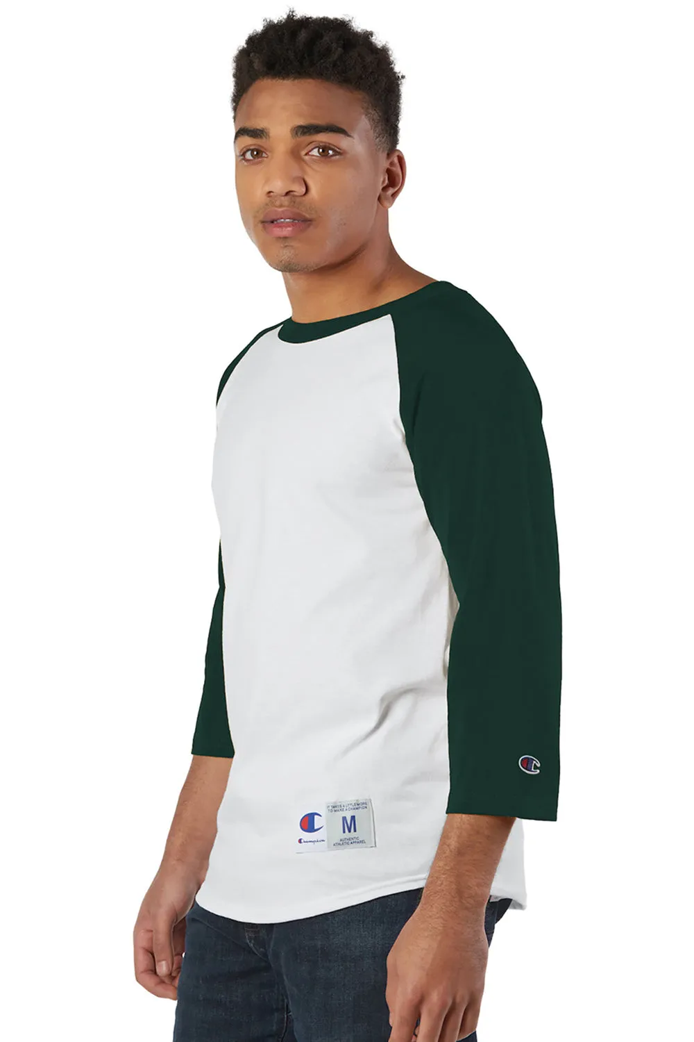 Champion Mens 3/4 Sleeve Crewneck T-Shirt - White/Dark Green