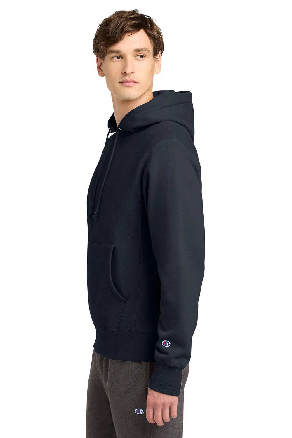 Champion Mens Reverse Weave Garment Dyed Hooded Sweatshirt Hoodie w/ Pouch Pocket - Navy Blue