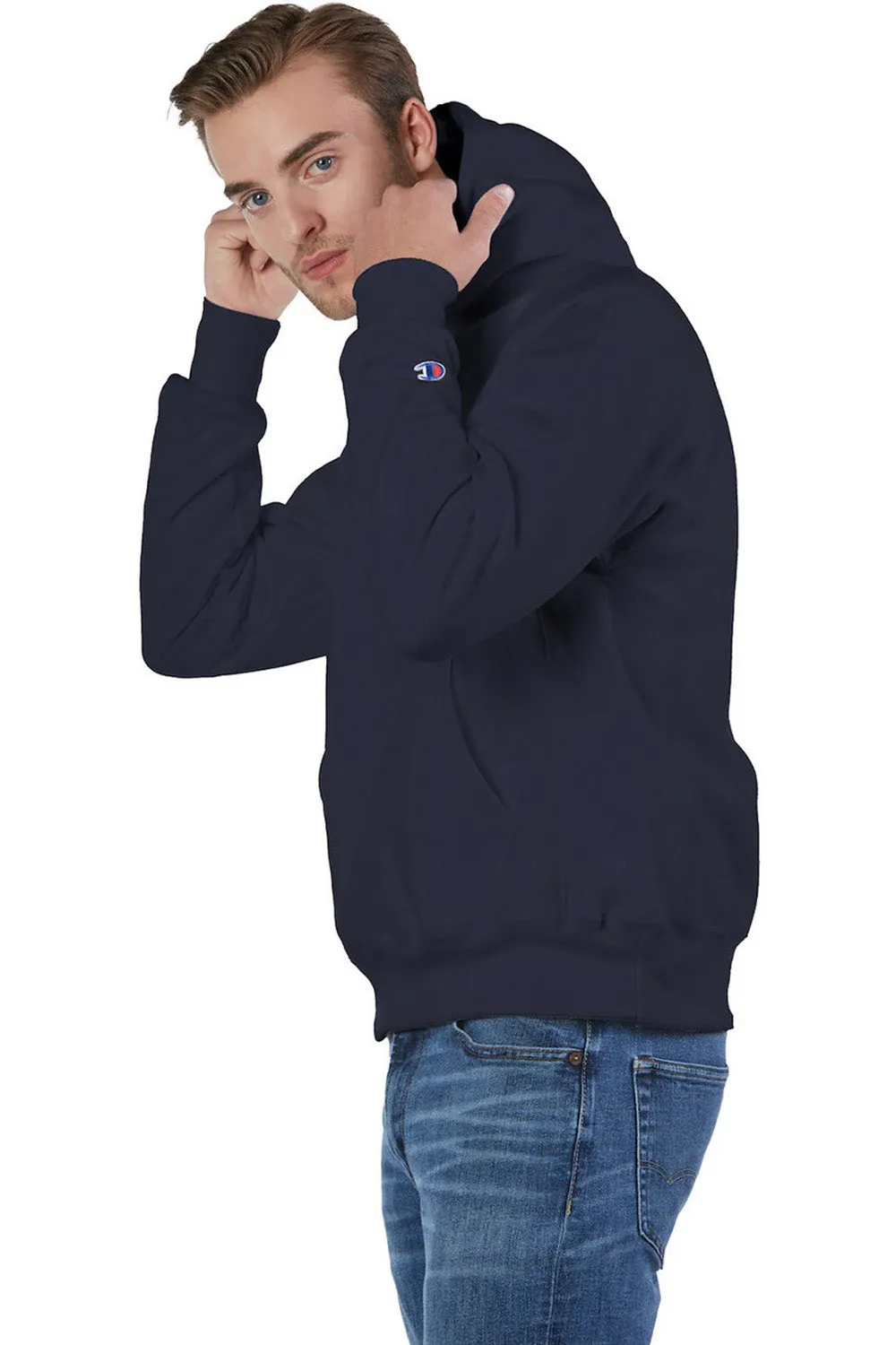 Champion Mens Shrink Resistant Hooded Sweatshirt Hoodie w/ Pouch Pocket - Navy Blue