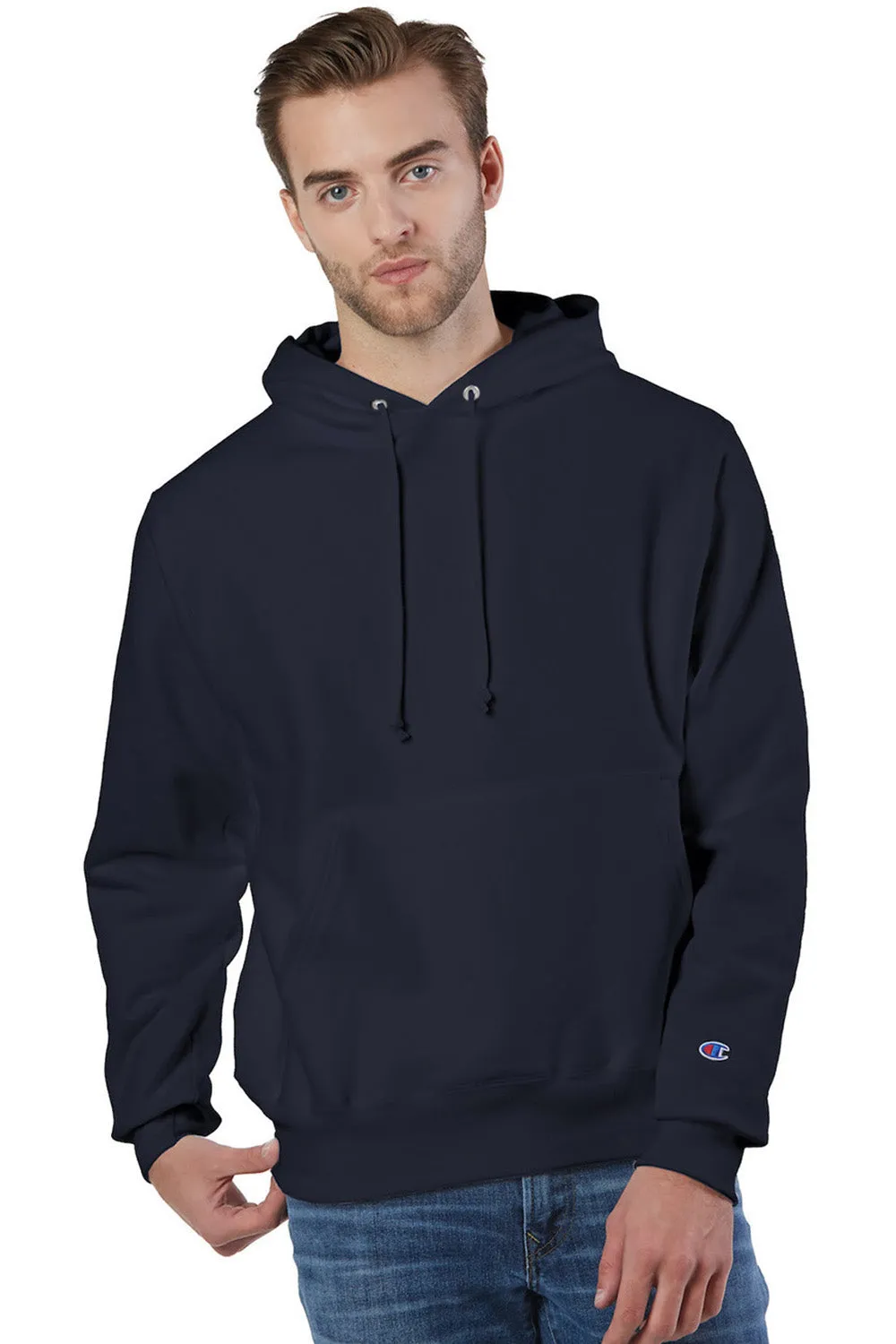 Champion Mens Shrink Resistant Hooded Sweatshirt Hoodie w/ Pouch Pocket - Navy Blue