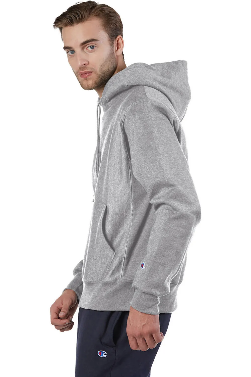 Champion Mens Shrink Resistant Hooded Sweatshirt Hoodie w/ Pouch Pocket - Oxford Grey