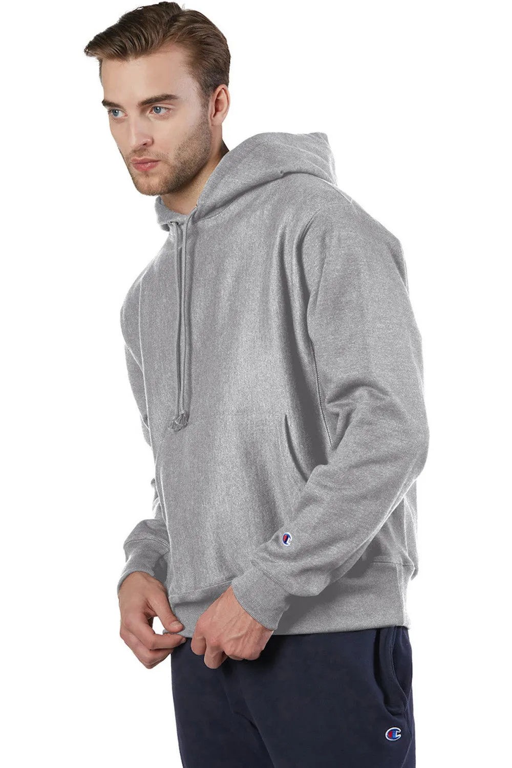 Champion Mens Shrink Resistant Hooded Sweatshirt Hoodie w/ Pouch Pocket - Oxford Grey