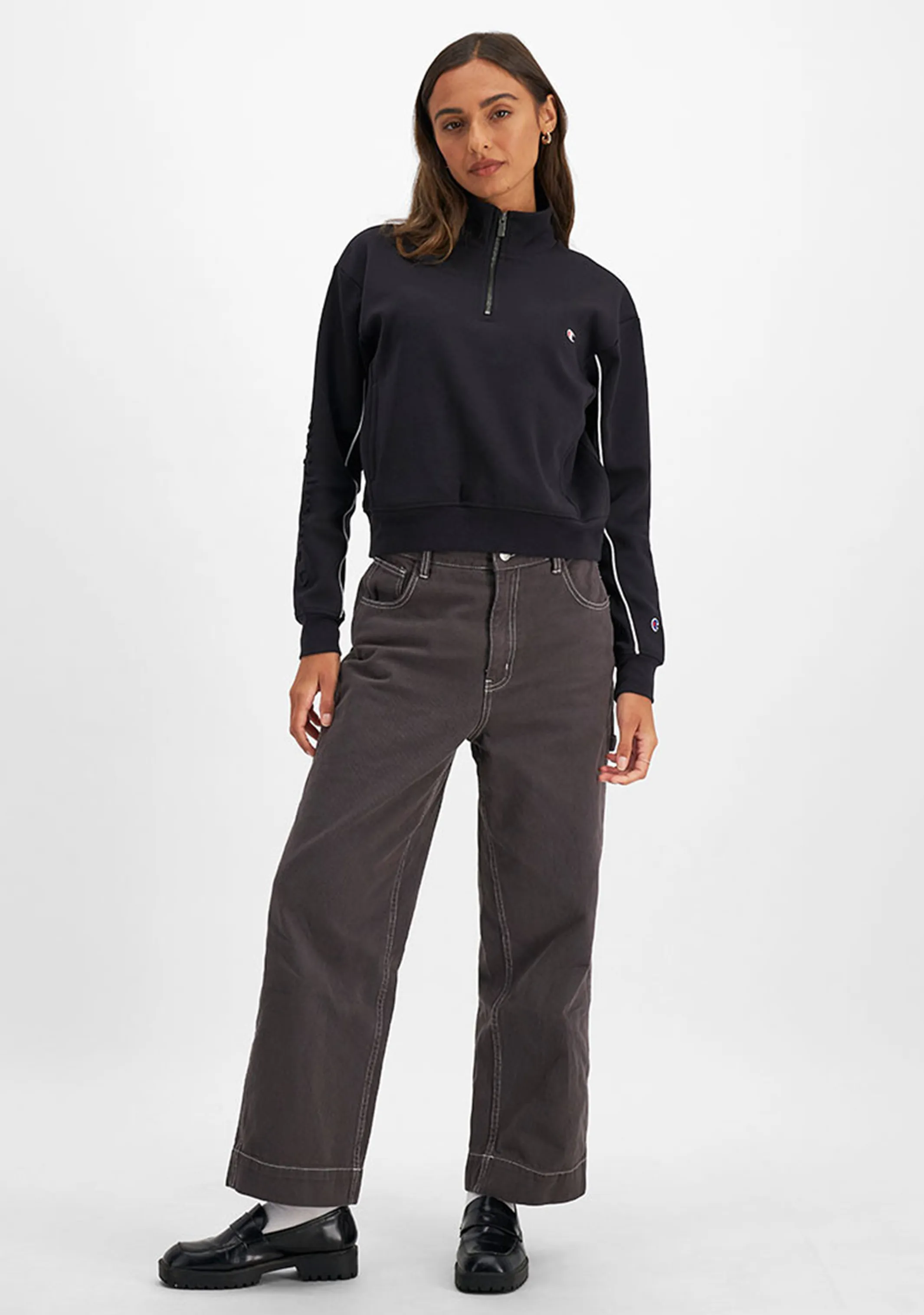 Champion Womens Rochester Athletic Quarter Zip Crew <BR> CT3GN BLK
