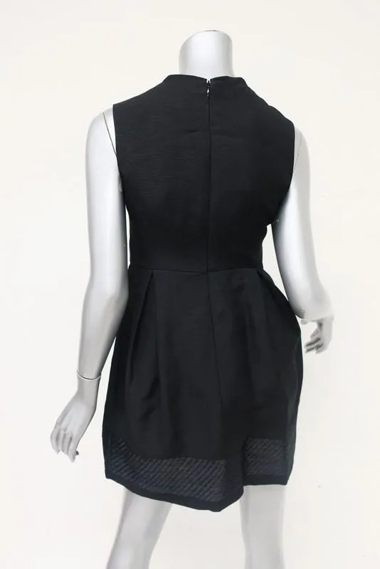 Chloe Dress Black Cotton Tie-Front Size 38 Raffia-Trim Sleeveless V-Neck Mini