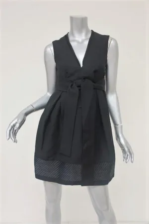Chloe Dress Black Cotton Tie-Front Size 38 Raffia-Trim Sleeveless V-Neck Mini