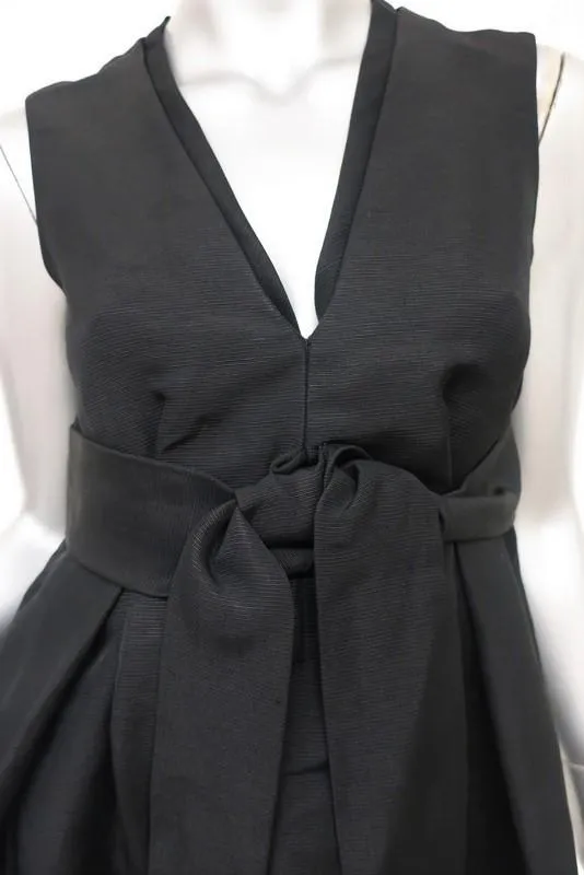 Chloe Dress Black Cotton Tie-Front Size 38 Raffia-Trim Sleeveless V-Neck Mini
