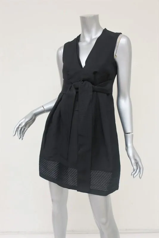 Chloe Dress Black Cotton Tie-Front Size 38 Raffia-Trim Sleeveless V-Neck Mini