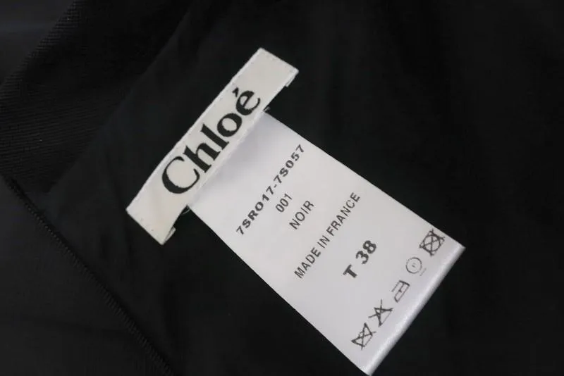 Chloe Dress Black Cotton Tie-Front Size 38 Raffia-Trim Sleeveless V-Neck Mini