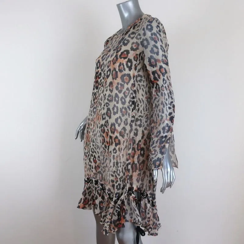 Chloe Dress Leopard Print Gauze Size 34 Long Sleeve Lace-Up Ruffled Hem