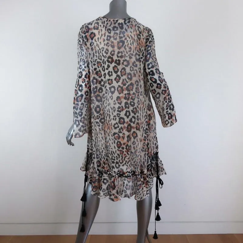 Chloe Dress Leopard Print Gauze Size 34 Long Sleeve Lace-Up Ruffled Hem