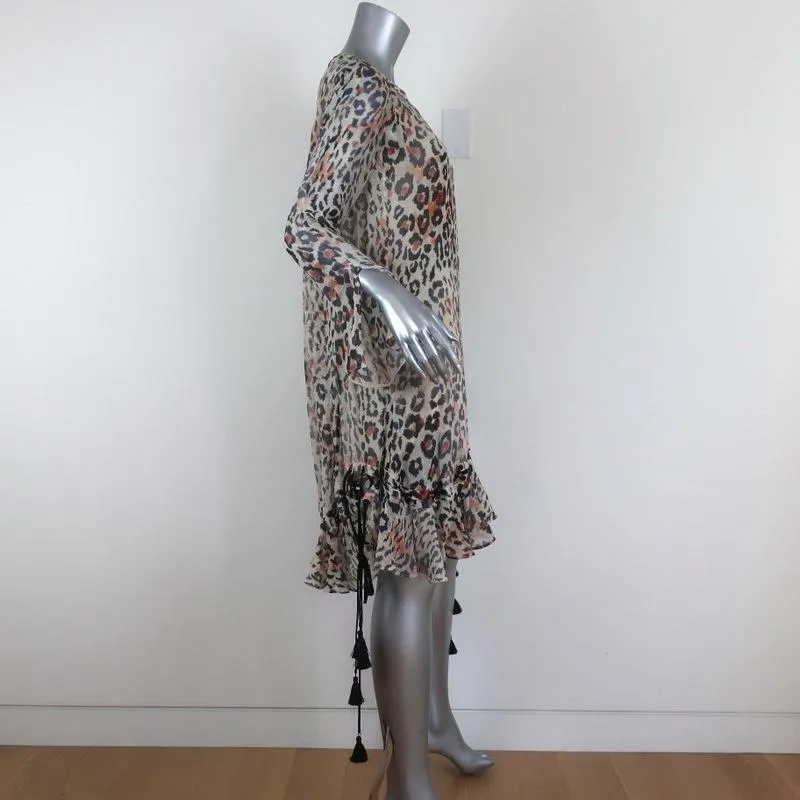 Chloe Dress Leopard Print Gauze Size 34 Long Sleeve Lace-Up Ruffled Hem