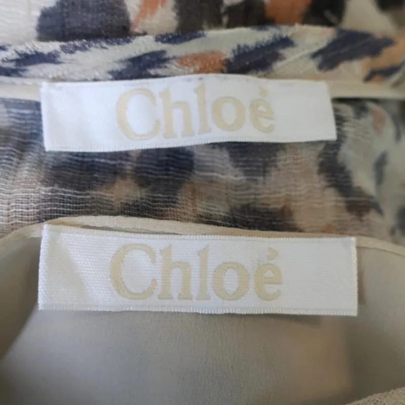Chloe Dress Leopard Print Gauze Size 34 Long Sleeve Lace-Up Ruffled Hem
