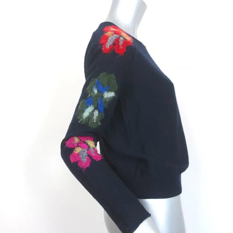 Chloe Floral-Embroidered Sweater Navy Size Extra Small Crewneck Pullover