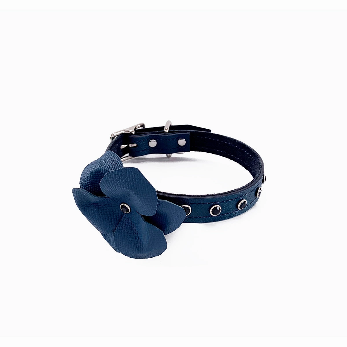 Colima Classic Rhinestone Leather Dog Flowerette Slider Orion Blue