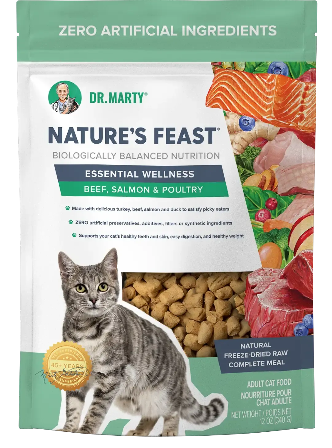 DR. MARTY Natures Feast Essential Wellness Poultry, Beef & Salmon Freeze Dried Raw Cat Food freeze dried cat food, raw cat food