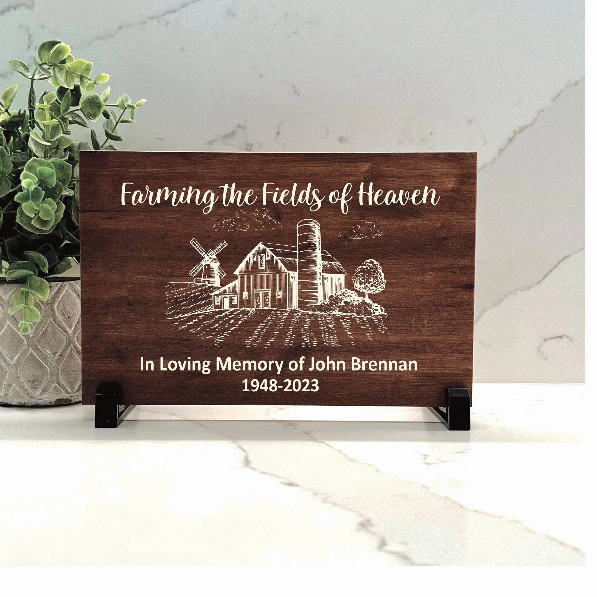 Farmer Memorial Plaque - Farming the Fields of Heaven - Wood Color Choice