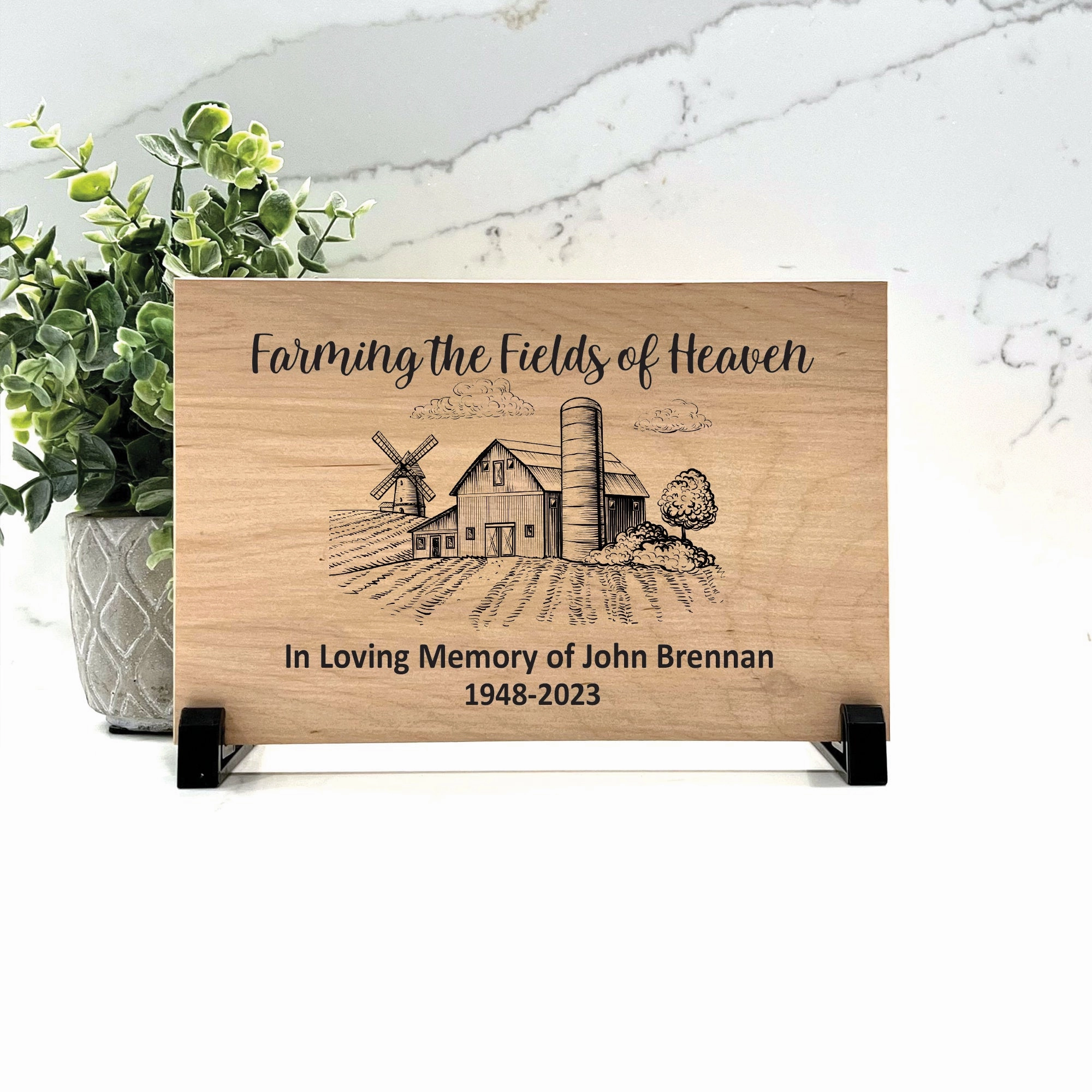 Farmer Memorial Plaque - Farming the Fields of Heaven - Wood Color Choice