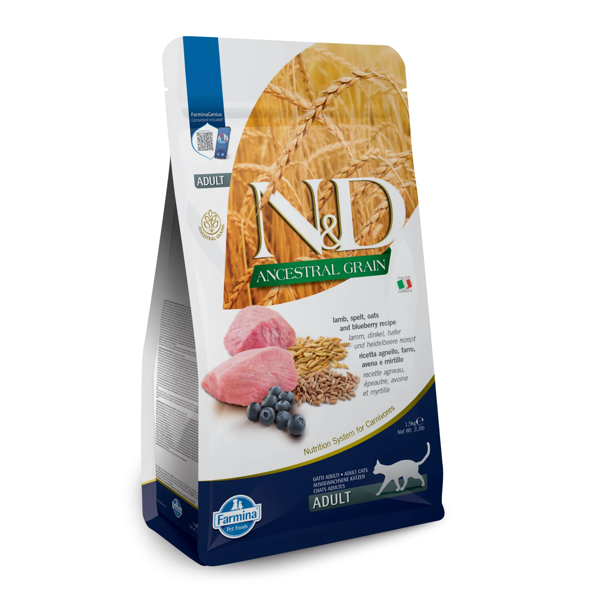 Farmina N&D Ancestral Grain Lamb & Blueberry Adult Dry Cat Food indoor dry cat food, healthy cat kibble