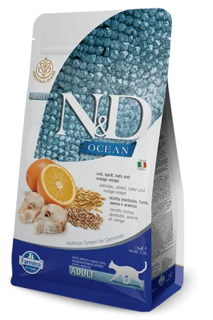 Farmina N&D Ocean Ancestral Grain Cod, Spelt, Oats & Orange Adult Dry Cat Food healthy cat food, premium dry cat food