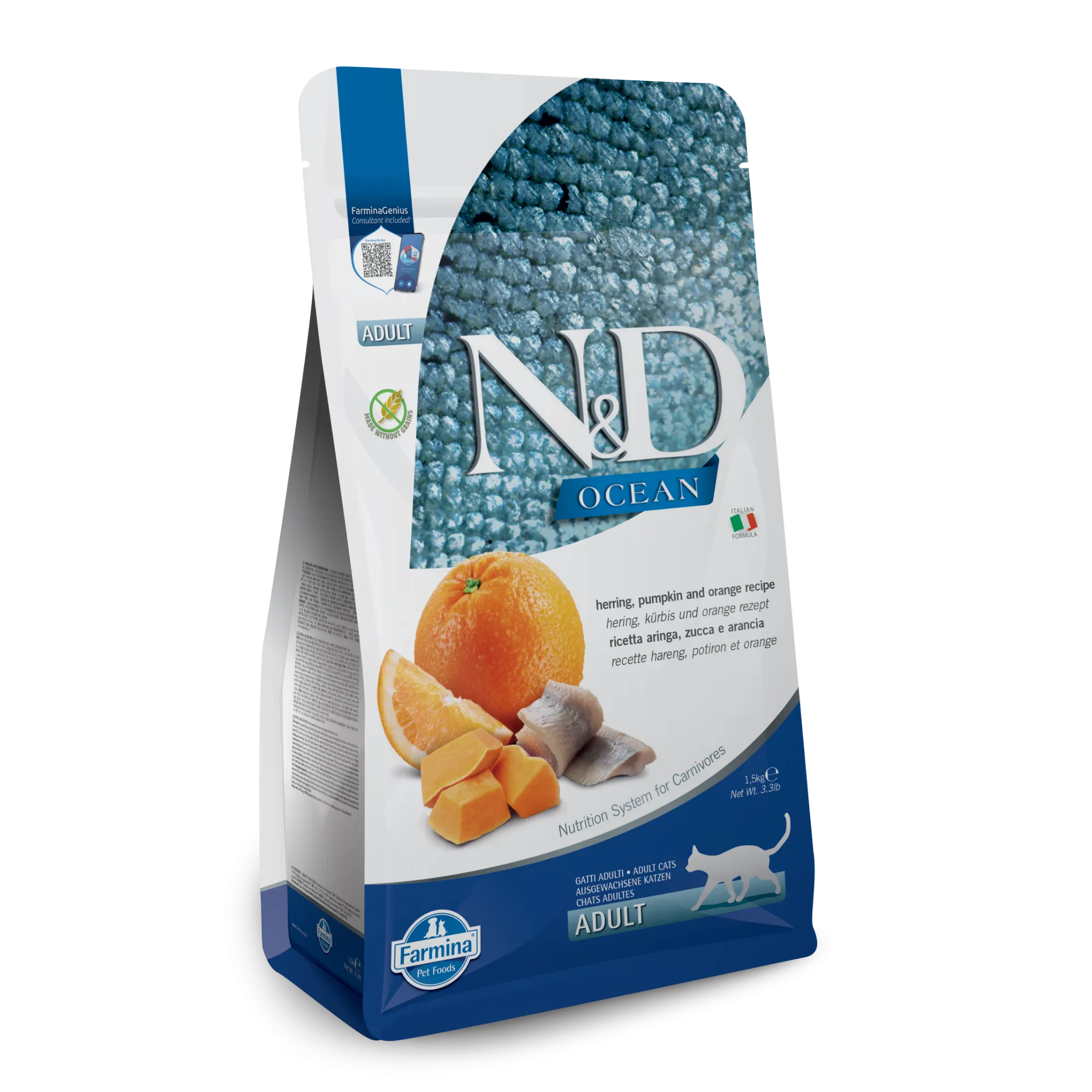 Farmina N&D Ocean Grain Free Herring, Pumpkin & Orange Adult Dry Cat Food grain free cat food, no grain dry cat food