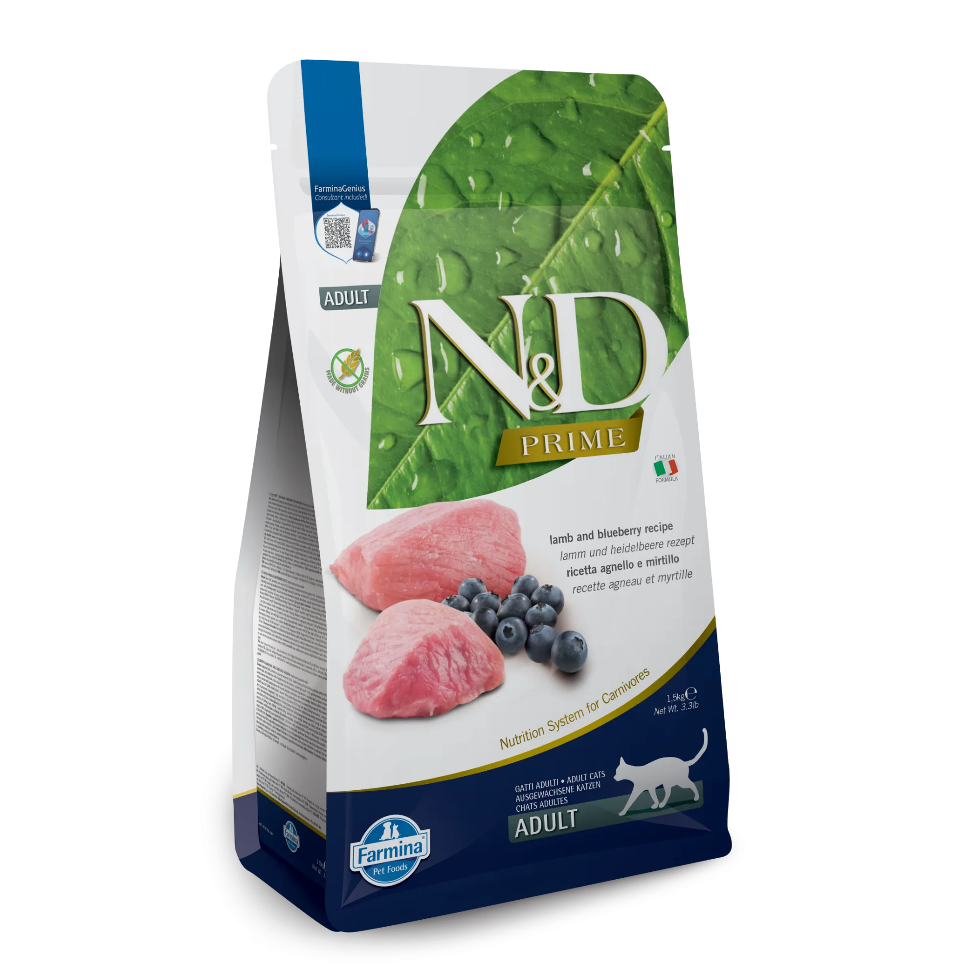 Farmina N&D Prime Grain Free Lamb & Blueberry Adult Dry Cat Food indoor dry cat food, healthy cat kibble