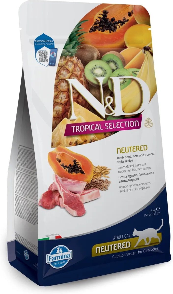 Farmina N&D Tropical Selection Lamb, Spelt, Oats & Tropical Fruits Neutered Adult Dry Cat Food indoor dry cat food, healthy cat kibble