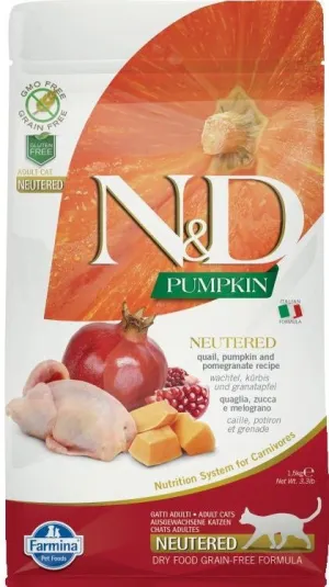 Farmina Pet Foods Adult Cat Grain Free Pumpkin Quail and Pomegranate Neutered Formula indoor dry cat food, healthy cat kibble
