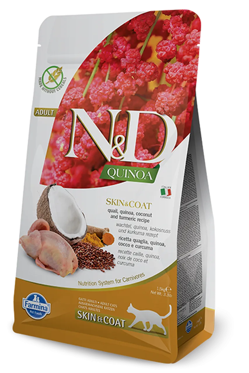 Farmina Pet Foods Feline Skin & Coat Quail Quinoa Coconut & Turmeric Formula Dry Cat Food healthy cat food, premium dry cat food