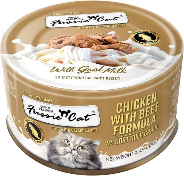 Fussie Cat Chicken with Beef in Goat Milk Gravy Shredded Canned Cat Food wet cat food, canned cat food