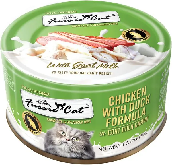 Fussie Cat Chicken with Duck in Goat Milk Gravy Shredded Canned Cat Food wet cat food, canned cat food