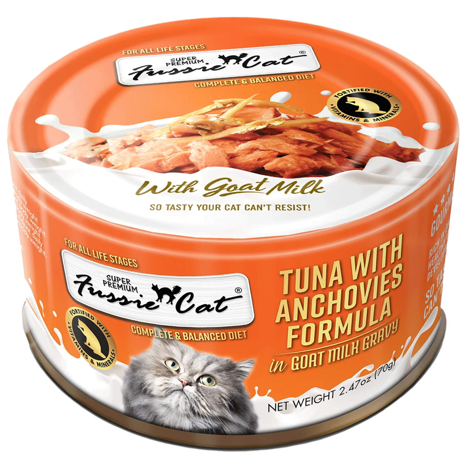 Fussie Cat Tuna with Anchovies Formula in Goat Milk Gravy 70g dry cat food, cat kibble