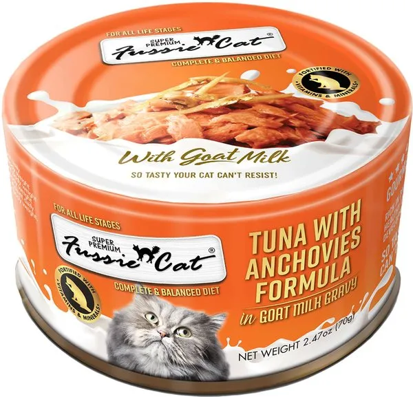 Fussie Cat Tuna with Anchovies in Goat Milk Gravy Shredded Canned Cat Food healthy cat food, premium dry cat food
