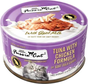 Fussie Cat Tuna with Chicken in Goat Milk Gravy Shredded Canned Cat Food healthy cat food, premium dry cat food