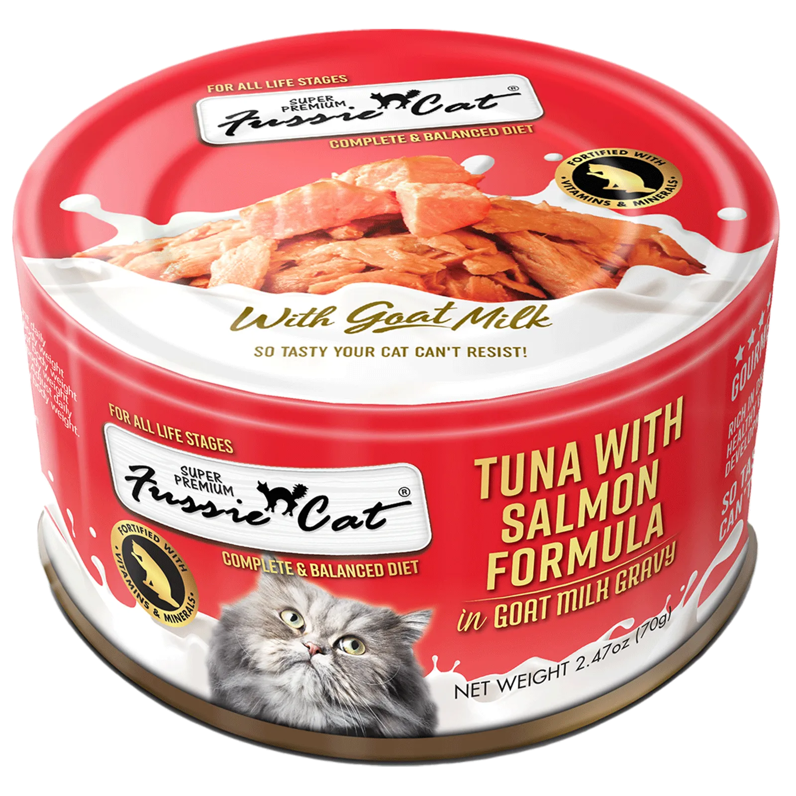 Fussie Cat Tuna with Salmon Formula in Goat Milk Gravy 70g dry cat food, cat kibble