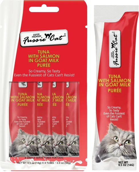 Fussie Cat Tuna with Salmon in Goat Milk Puree Lickable Cat Treats cat treats, soft cat treats