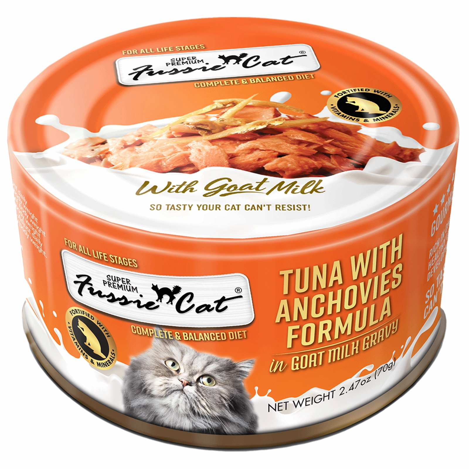Fussie Cat Tuna with Anchovies Formula in Goat Milk Gravy 70g adult cat food, best cat food for adults