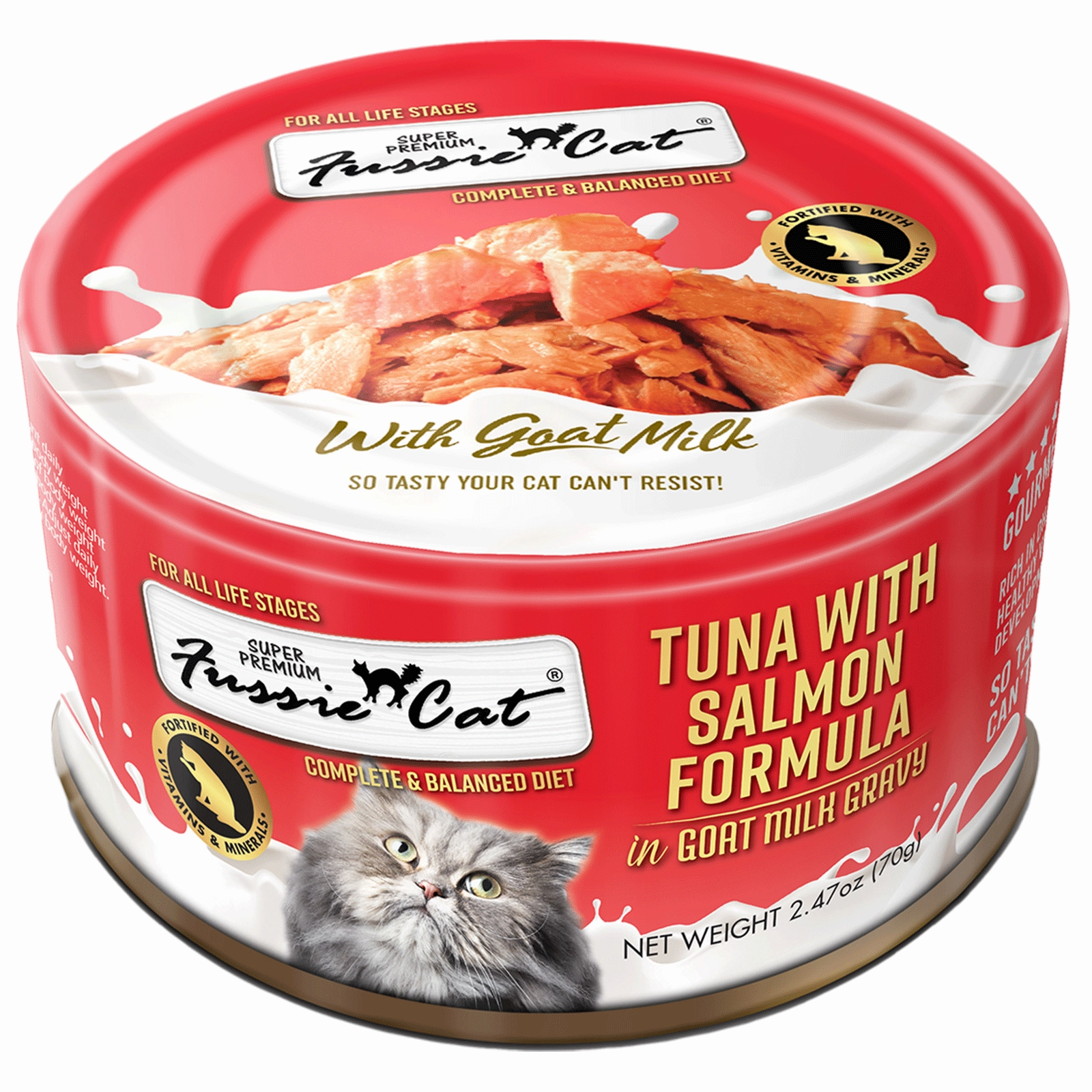 Fussie Cat Tuna with Salmon Formula in Goat Milk Gravy 70g adult cat food, best cat food for adults