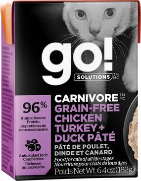 GO! Carnivore Cat Grain Free Chicken, Turkey & Duck Pate Tetra Pack adult cat food, best cat food for adults