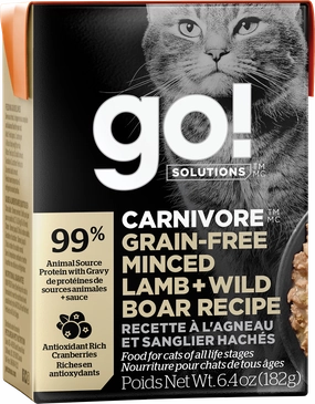 GO! Carnivore Cat Grain Free Minced Lamb & Wild Boar Tetra Pack adult cat food, best cat food for adults