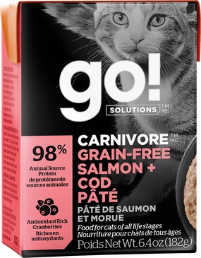 GO! Carnivore Cat Grain Free Pate Salmon & Cod Tetra Pack adult cat food, best cat food for adults